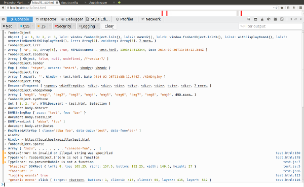 Screen shot of the Web Console in Firefox 30 showing syntax highlighting for object previews.