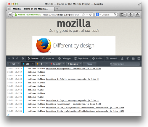Screen shot of the Web Console in Firefox 27 showing reflow logging.